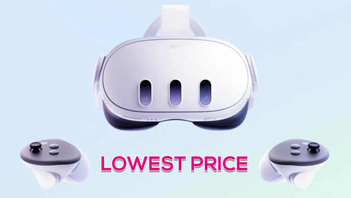 Meta Quest 3 headset with controllers above text that says "lowest price."