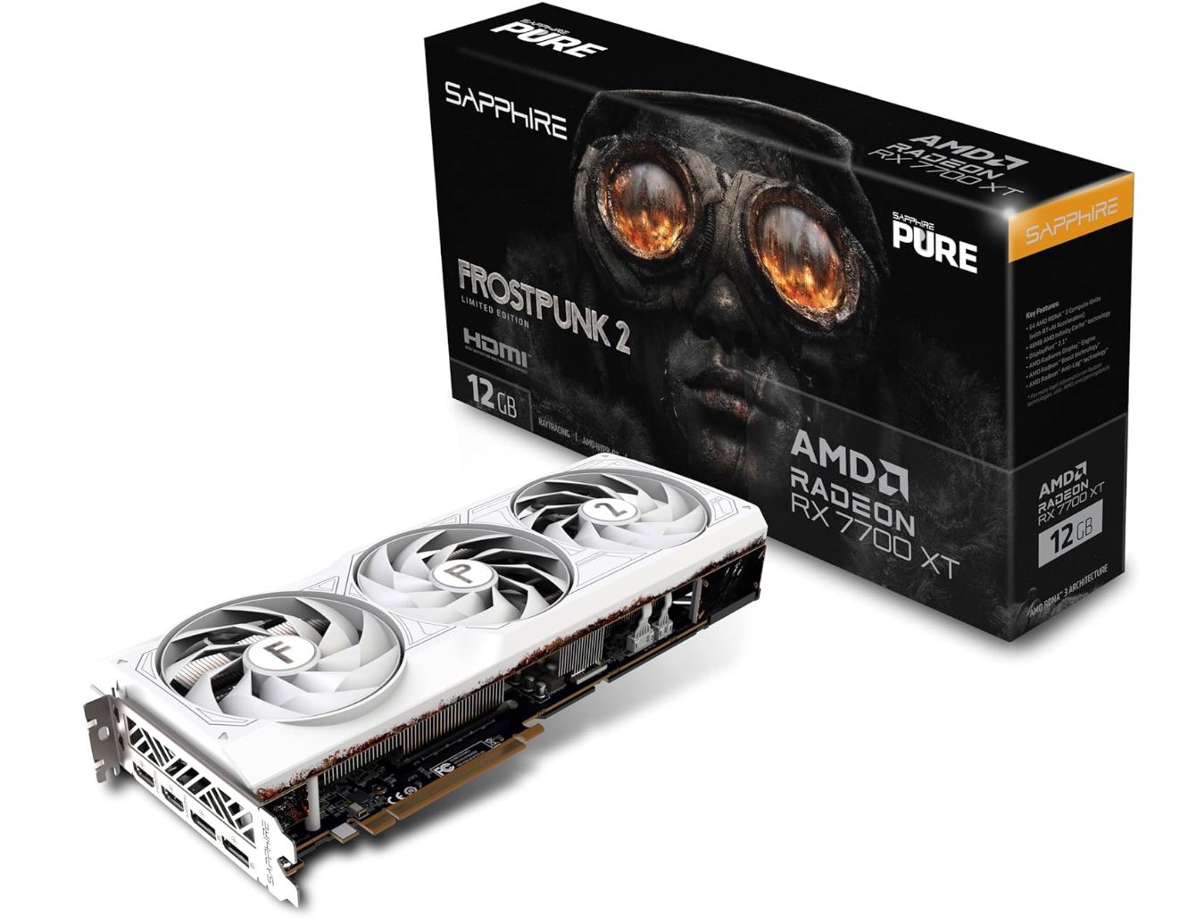 Sapphire Radeon RX 7700 XT Frostpunk 2 against a white background