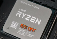 AMD Ryzen 7 5800X CPU with "67% off" written on it.