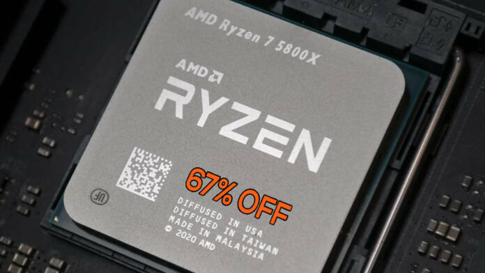 AMD Ryzen 7 5800X CPU with "67% off" written on it.