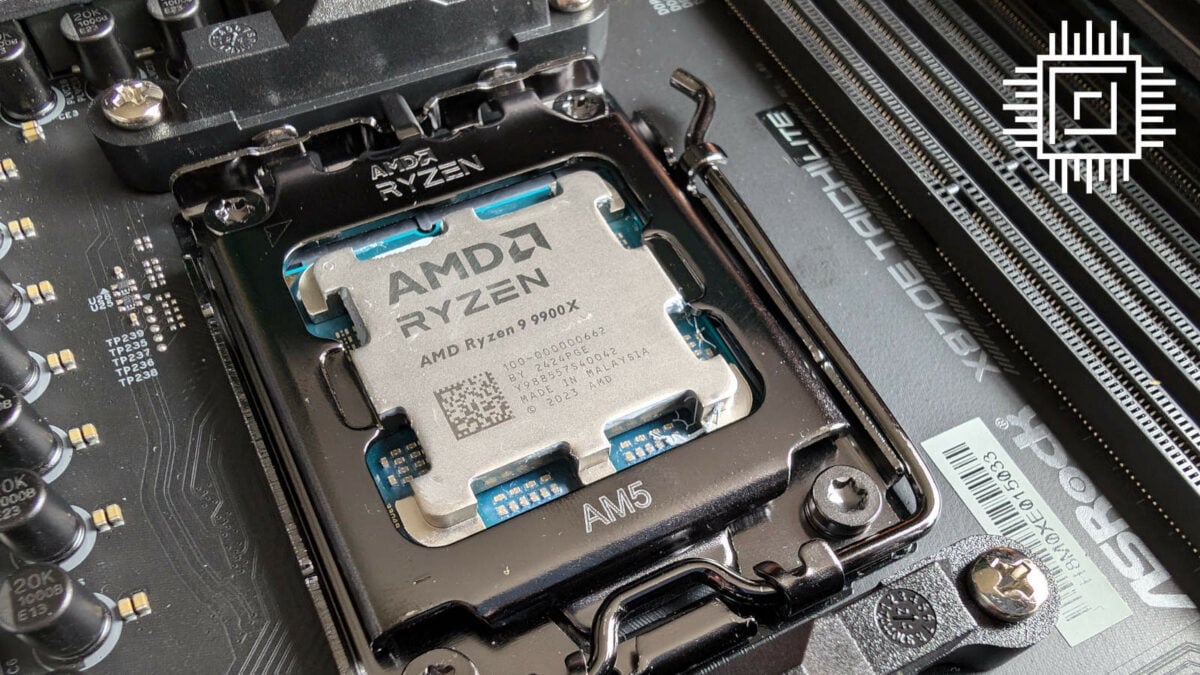 Ryzen 9 9900X processor in CPU socket on ASRock X870E Taichi Lite.