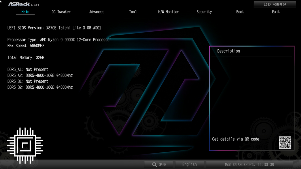 ASRock X870E Taichi Lite BIOS screen, advanced mode.