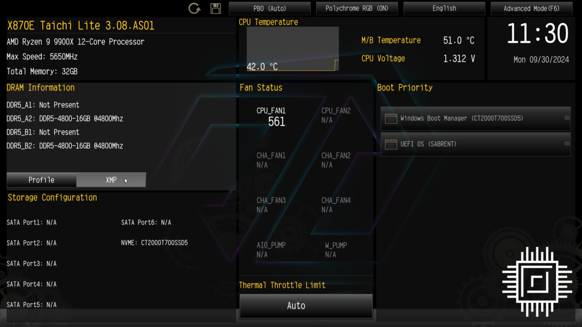 ASRock X870E Taichi Lite BIOS EZ Mode, XMP activated.