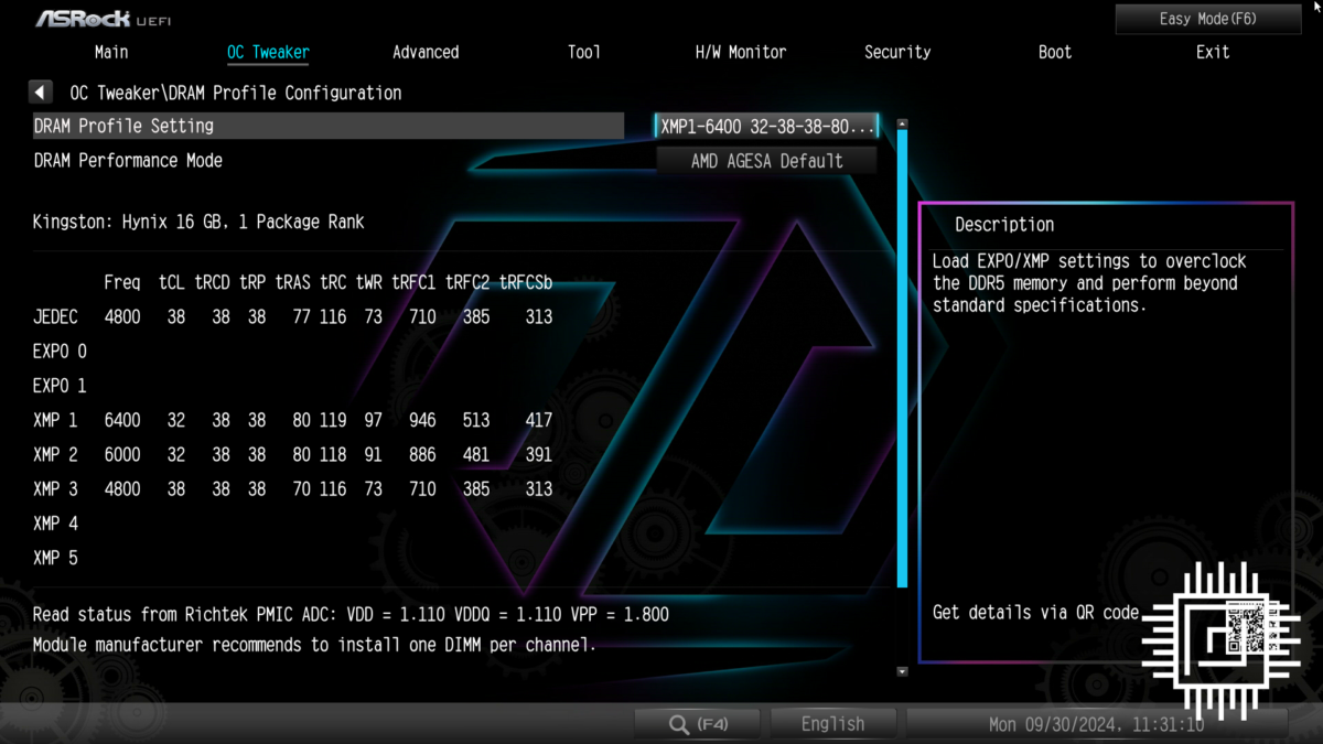 ASRock X870E Taichi Lite OC Tweaker (BIOS), detailing XMP RAM profile.