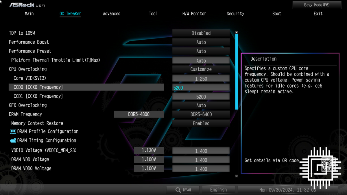 ASRock X870E Taichi Lite OC Tweaker CPU manual overclock, value set to 5,200MHz.