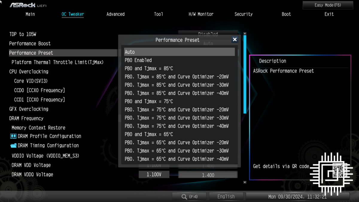 ASRock X870E Taichi Lite OC Tweaker CPU Performance Preset list.