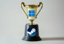 A gold trophy with the Windows 11 logo on it, its base adorned with the Steam logo