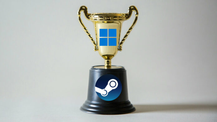 A gold trophy with the Windows 11 logo on it, its base adorned with the Steam logo