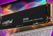 Crucial P310 SSD hovering in front of a laptop.