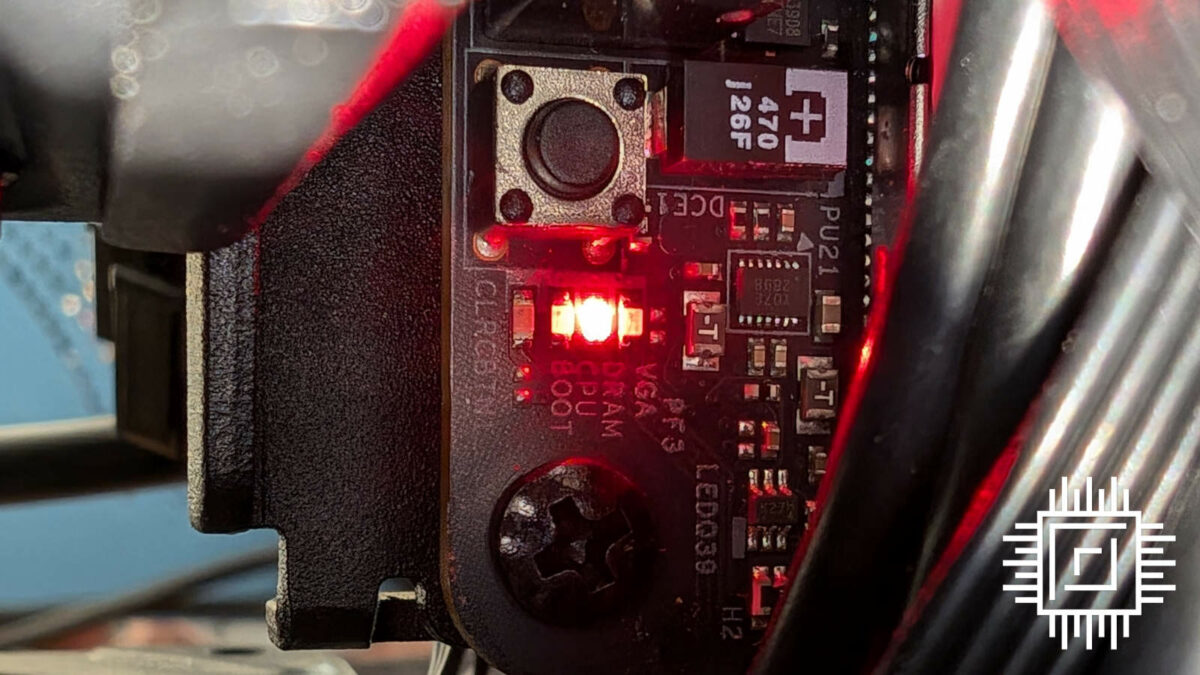 Motherboard showing a red DRAM light.