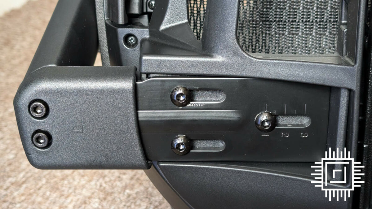 A close up Fractal Design Refine's underside, focussing on its armrest joint.