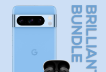 Pixel 8 Pro standing upright next to Pixel Buds Pro, with the text 'Brilliant Bundle' floating alongside it.