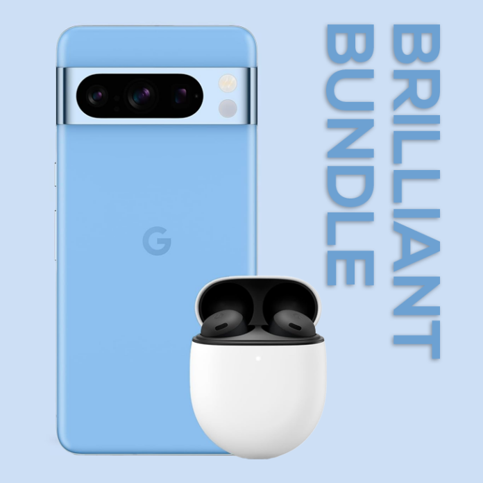 Pixel 8 Pro standing upright next to Pixel Buds Pro, with the text 'Brilliant Bundle' floating alongside it.