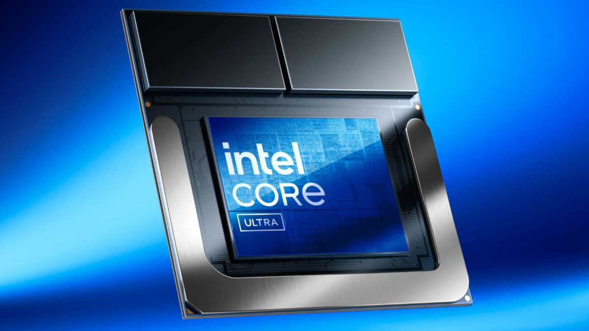 Intel Core Ultra 2 series processor, against a blue backdrop.