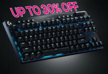 Logitech G Pro X TKL Lightspeed gaming keyboard with "up to 30% off" above it.