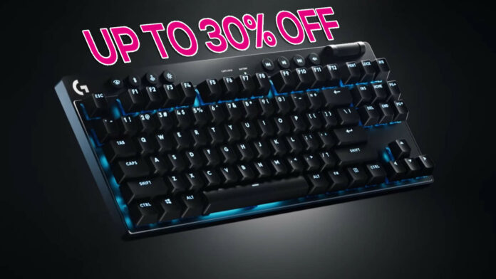 Logitech G Pro X TKL Lightspeed gaming keyboard with "up to 30% off" above it.