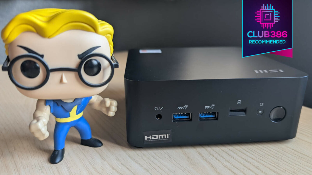 MSI Cubi NUC 1M (right) next to a Vault Boy Funko Pop (left), with the Club386 Recommended award on top of both.