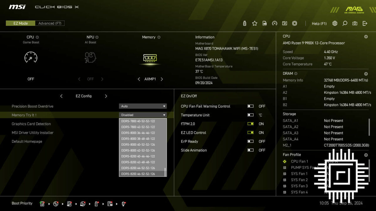 MSI Click BIOS X, with the 'Memory Try It !' dropdown menu active.