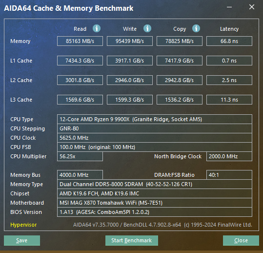 Overclocked AIDA64 results using EXPO 1 profile on MAG X870 Tomahawk WiFi.