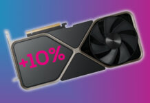 GeForce RTX Founders Edition graphics card, with '+10%' on its faceplate, against a two-tone pink-blue background.