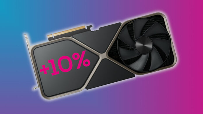 GeForce RTX Founders Edition graphics card, with '+10%' on its faceplate, against a two-tone pink-blue background.