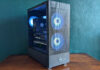 Front view of PCSpecialist Helio Elite, its fans adopting a blue hue.