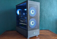 Front view of PCSpecialist Helio Elite, its fans adopting a blue hue.