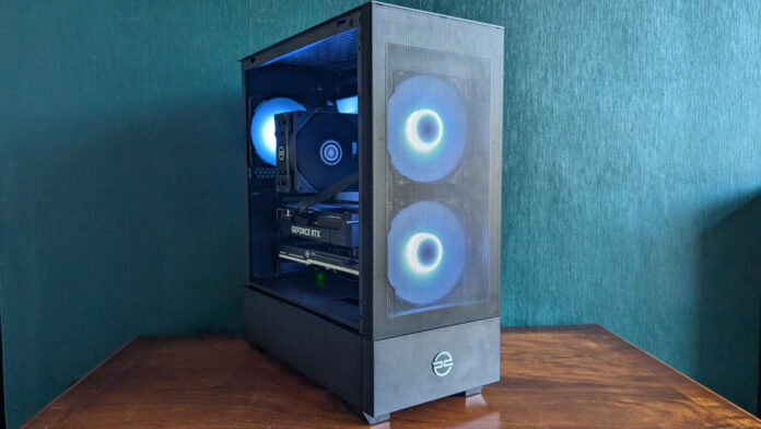 Front view of PCSpecialist Helio Elite, its fans adopting a blue hue.