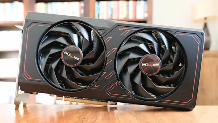 Radeon RX 7600 graphics card, atop a wooden surface