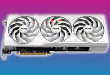 Sapphire Pure Radeon RX 7800 XT graphics card, with a white glow surrounding it, against a pink and blue background.