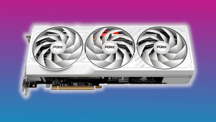 Sapphire Pure Radeon RX 7800 XT graphics card, with a white glow surrounding it, against a pink and blue background.