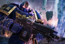 Warhammer 40K: Space Marine 2 player character, holding a weapon, against a background of floating space debris