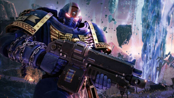 Warhammer 40K: Space Marine 2 player character, holding a weapon, against a background of floating space debris