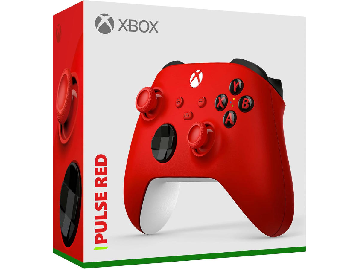 Xbox Wireless Controller Pulse Red packaging against a white background.