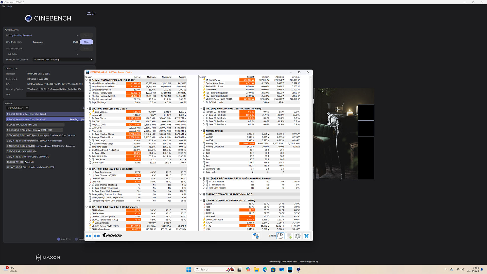 Intel Core Ultra 9 285K temperature in Cinebench 2024 MT.