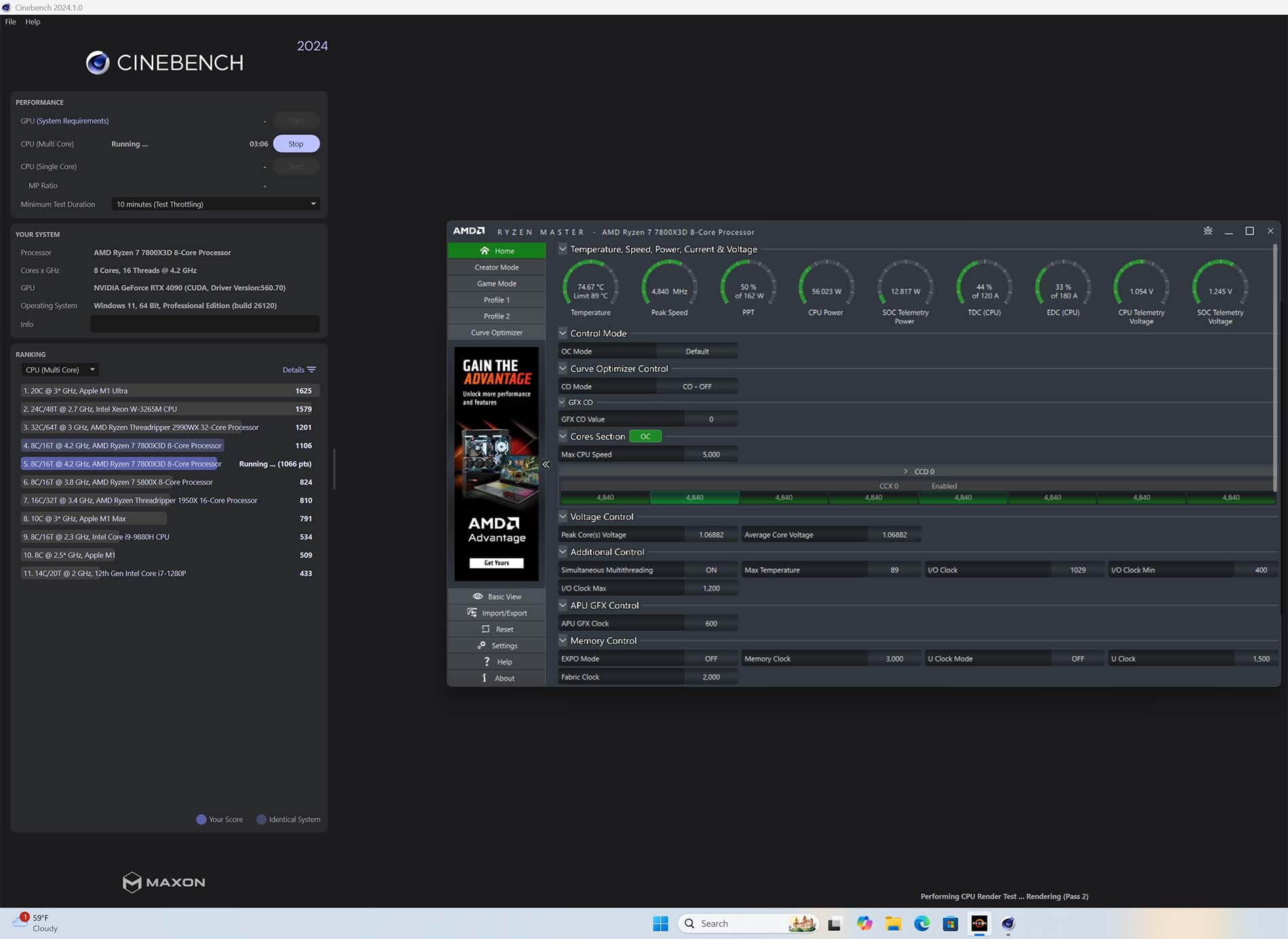 A picture showing the AMD Ryzen 7 7800X3D temperature in Cinebench 2024.