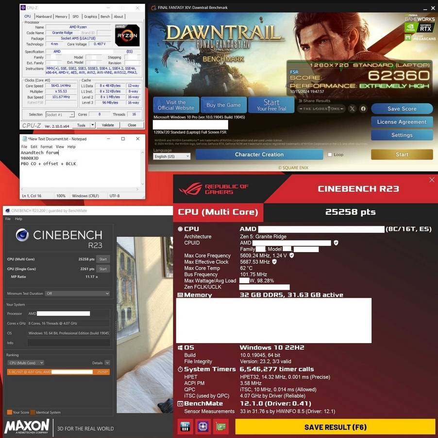 AMD Ryzen 7 9800X3D Cinebench R23 score.