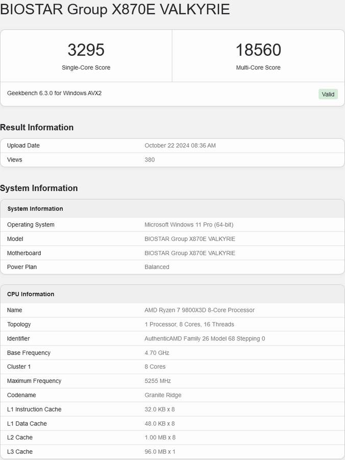 AMD Ryzen 7 9800X3D Geekbench score.