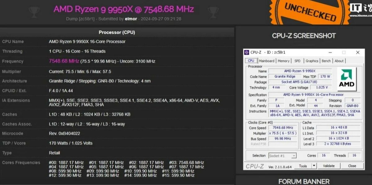 AMD Ryzen 9 9950X CPU overclocked to 7.5GHz.