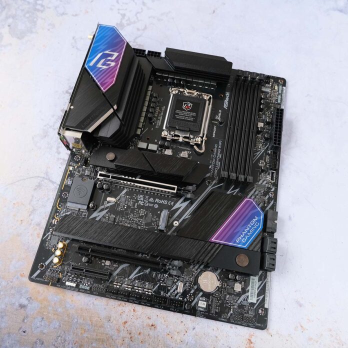 A wide shot of ASRock Phantom Gaming Z890 Lightning WiFi motherboard against a white background.