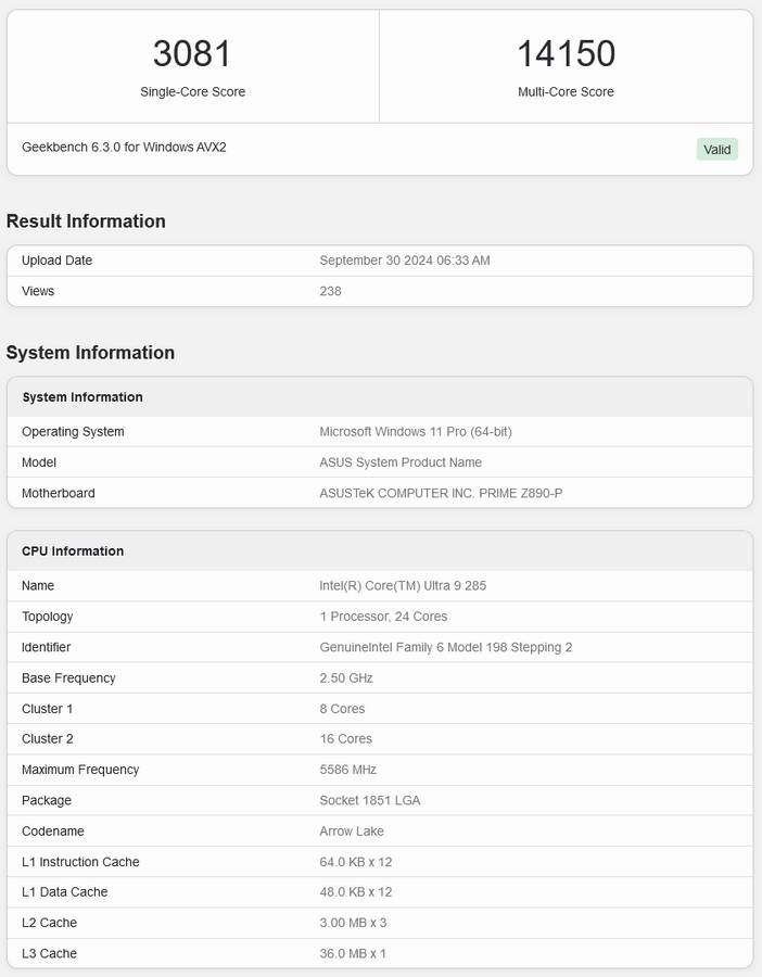 Core Ultra 9 285 CPU in Geekbench 6.