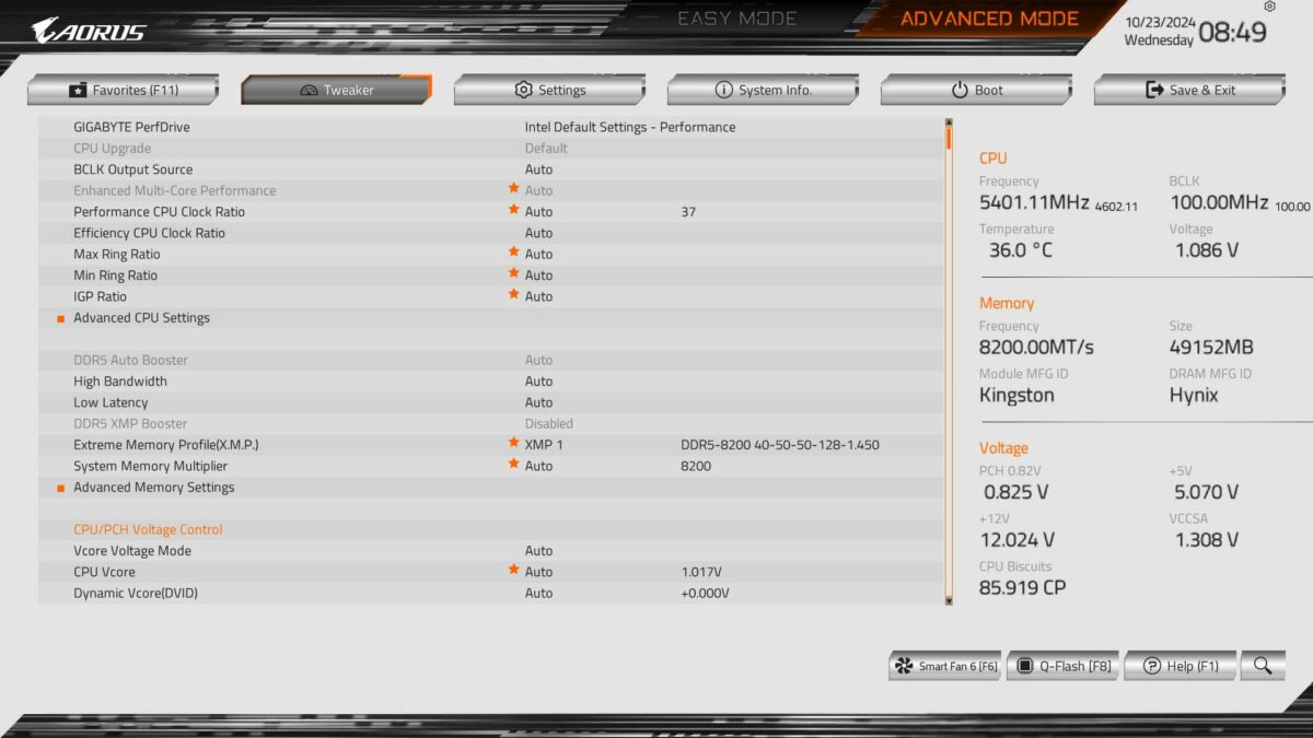 A picture showing the Gigabyte Z890 Pro Ice running CUDIMMs at 8200MT/s.