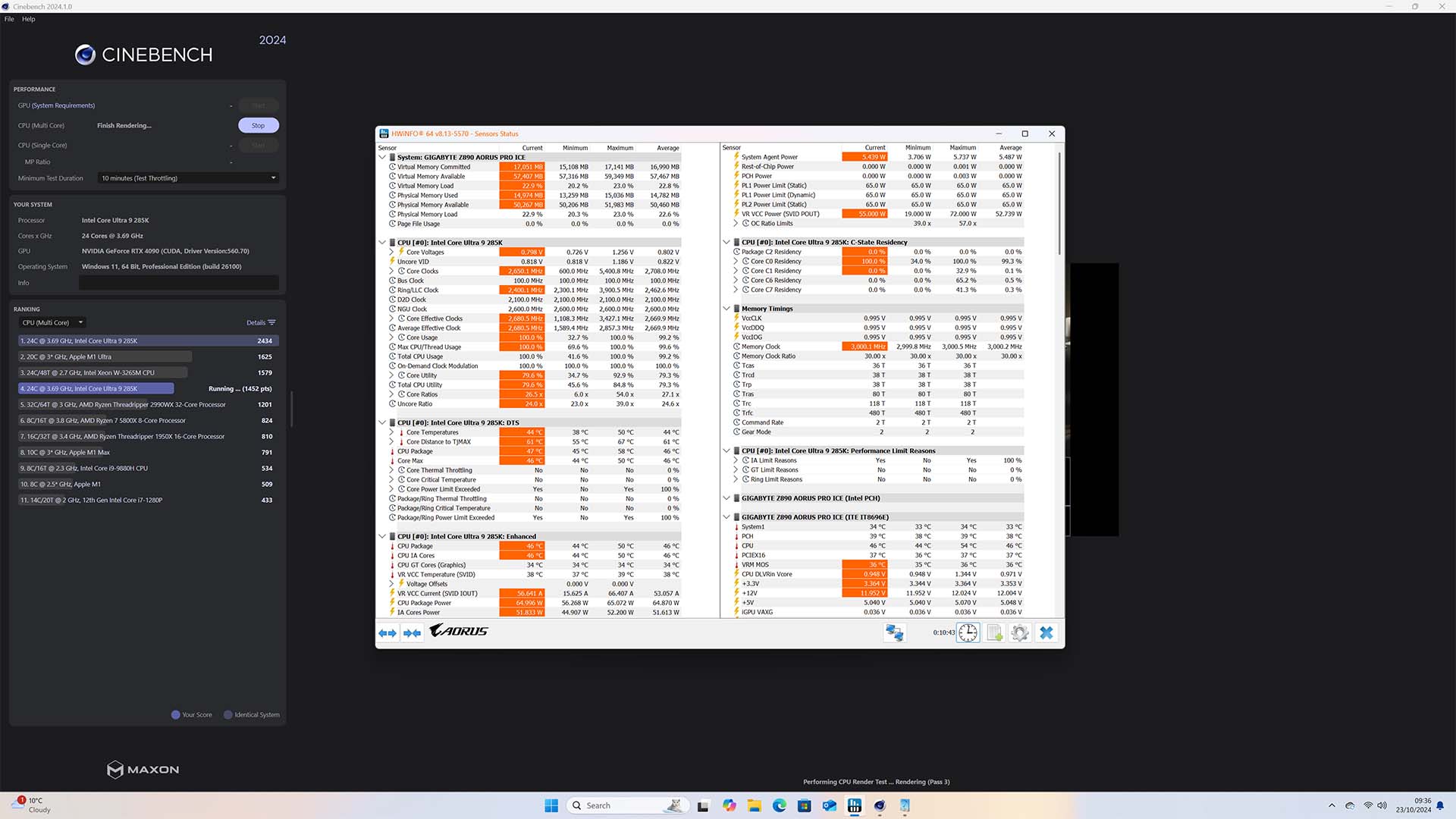 A picture showing the Intel Core Ultra 9 285K 65W HWInfo stats.