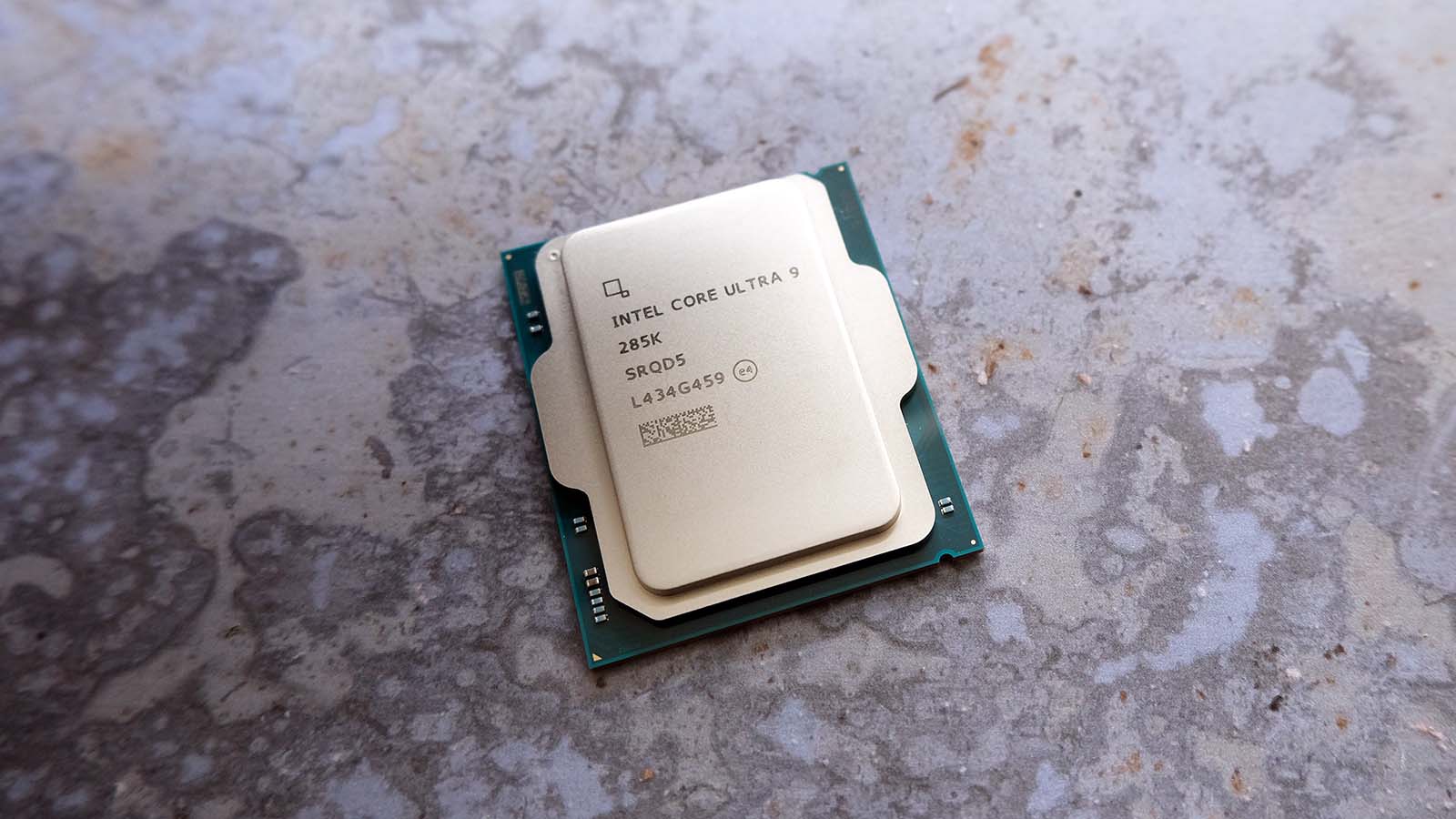 A picture of an Intel Core Ultra 9 285K CPU on a moody background.