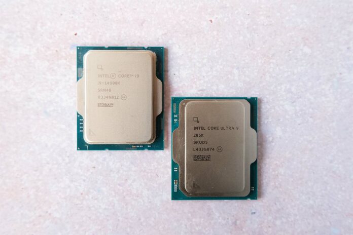 A picture of the Intel Core Ultra 9 285K and Core i9-14900K chips together.