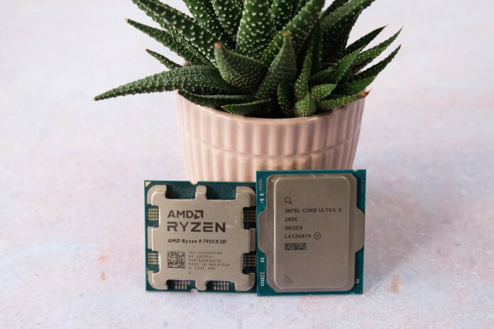 A picture of the Intel Core Ultra 9 285K and Ryzen 9 7950X3D chips by a plant.