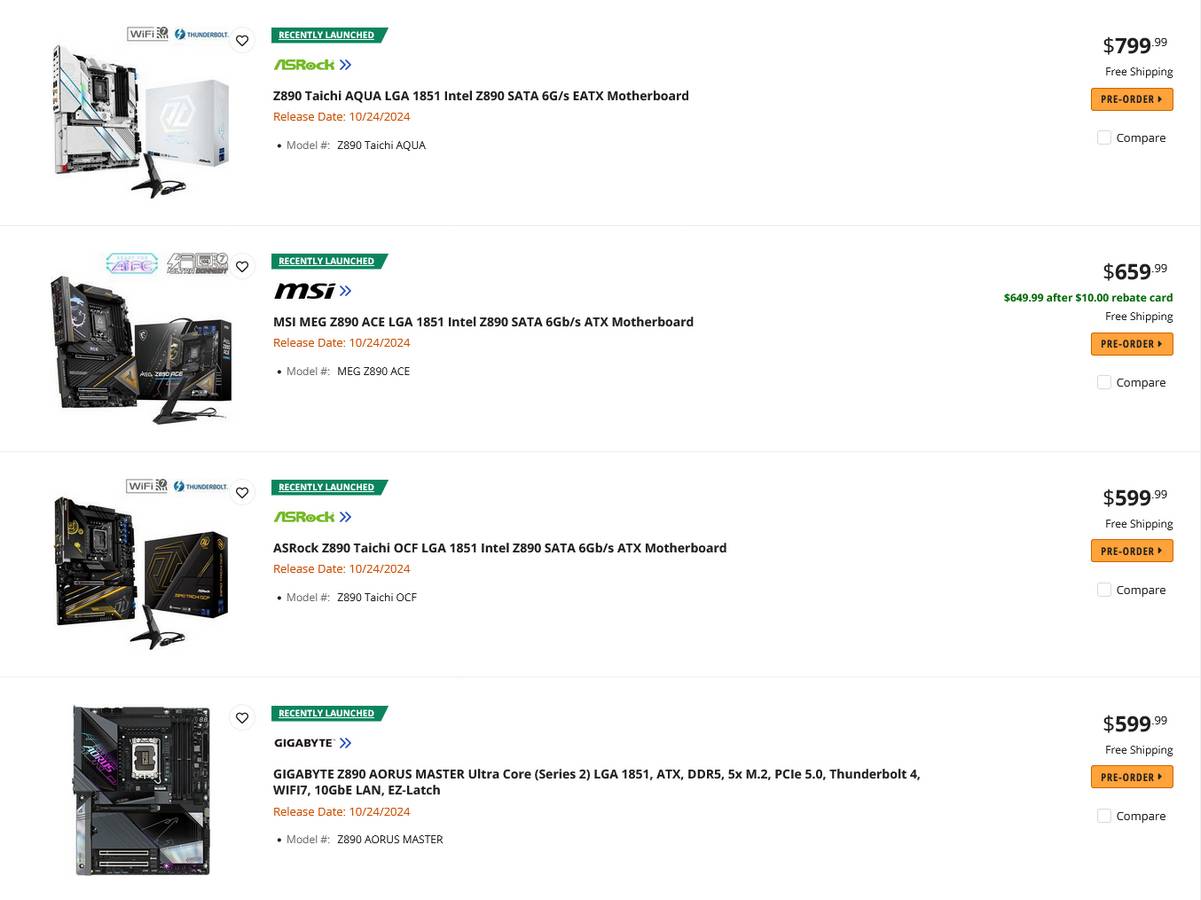 Intel Z890 motherboard listings on Newegg.