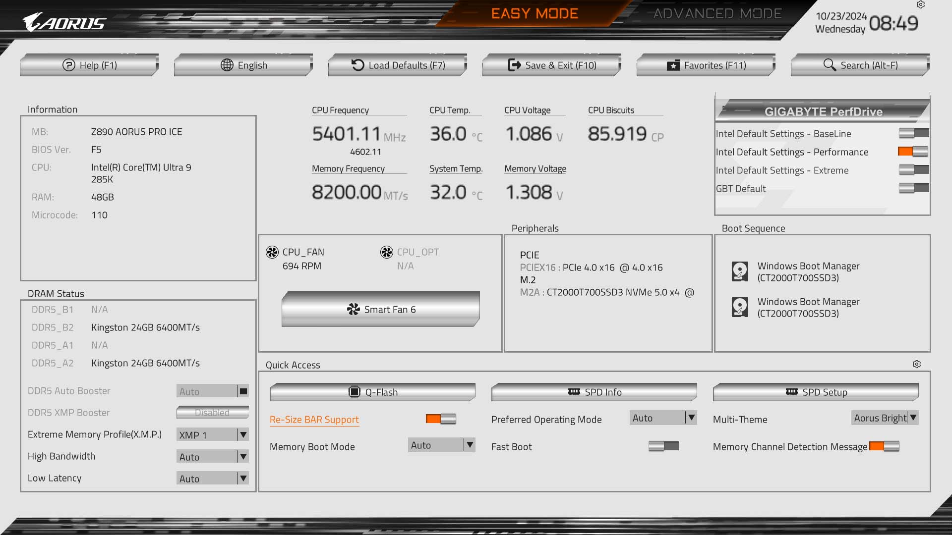 A picture showing the Gigabyte Z890 Aorus Pro Ice motherboard's BIOS - 1