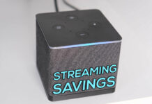 Amazon Fire TV Cube with "Streaming Savings" written on it.