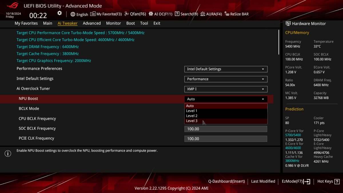 Ai Tweaker tab in ROG Strix Z890-F Gaming WiFi BIOS, with 'NPU Boost' highlighted with populated dropdown options.